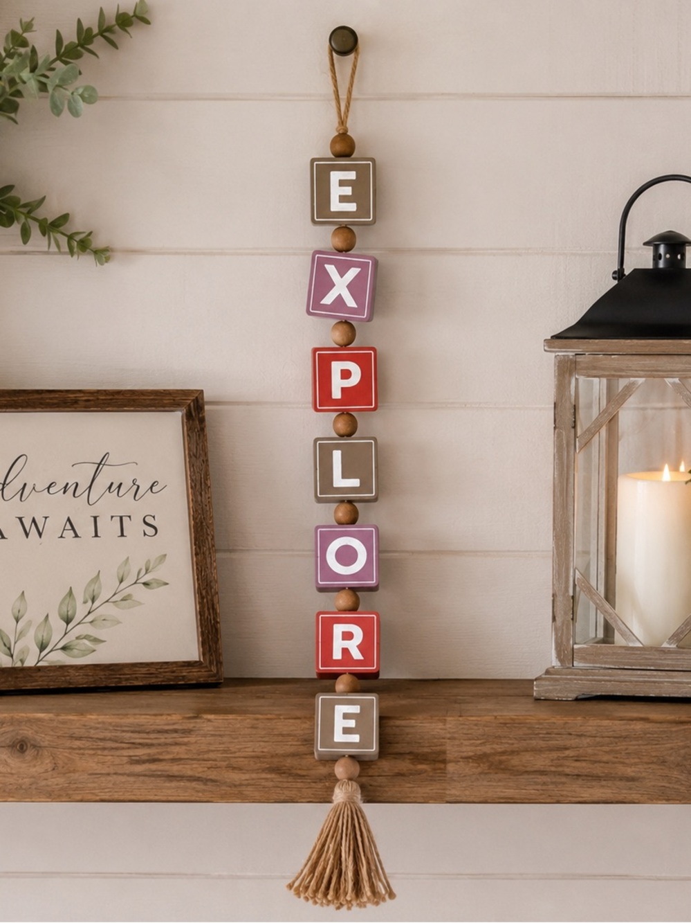 Wooden "EXPLORE" Beaded Garland Pink Red Taupe Letter Blocks w/ Tassels 27"